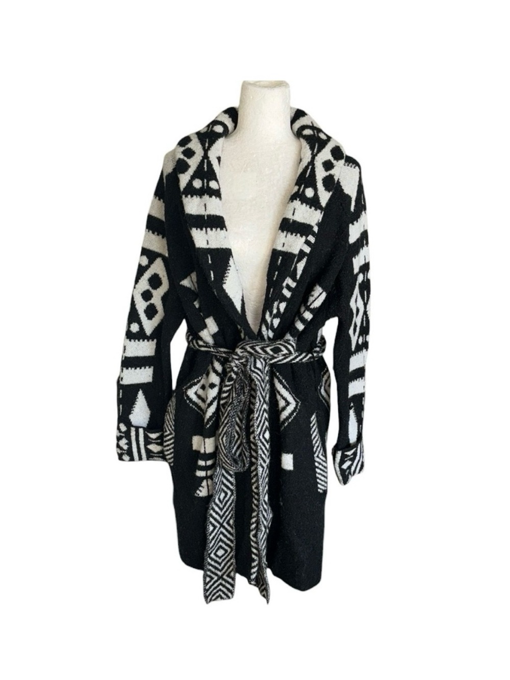 Zara Black & White Geometric Belted Shawl Cardigan